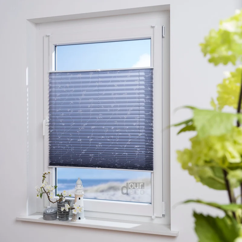 ourdeco® Klemmfix Plissee ohne Bohren für Fenster oder Türen Druckmotiv Ranke weiß | grau