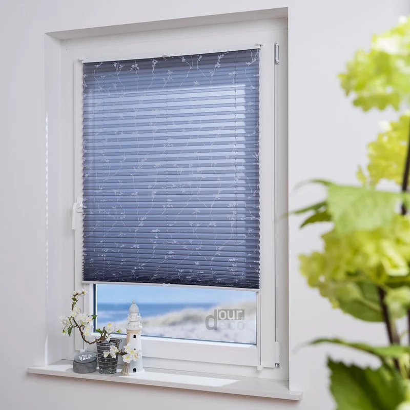 ourdeco® Klemmfix Plissee ohne Bohren für Fenster oder Türen Druckmotiv Ranke weiß | grau