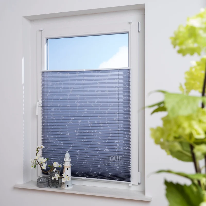 ourdeco® Klemmfix Plissee ohne Bohren für Fenster oder Türen Druckmotiv Ranke weiß | grau