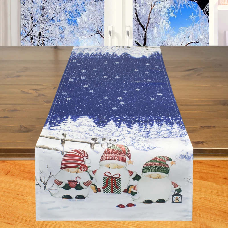 Fischer Fensterbilder Tischläufer mit Weihnachtswichtel im Schnee 40x140cm