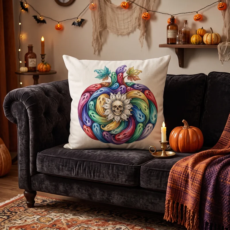 Kissenbezug mit Regenbogen-Geist-Kürbis-Halloween-Motiv