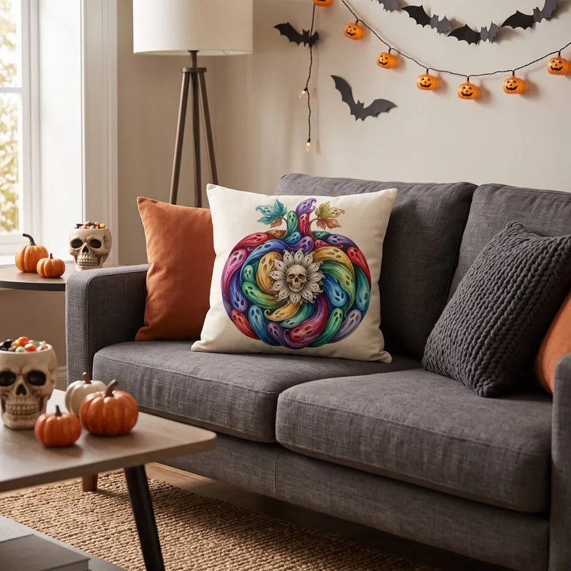 Kissenbezug mit Regenbogen-Geist-Kürbis-Halloween-Motiv