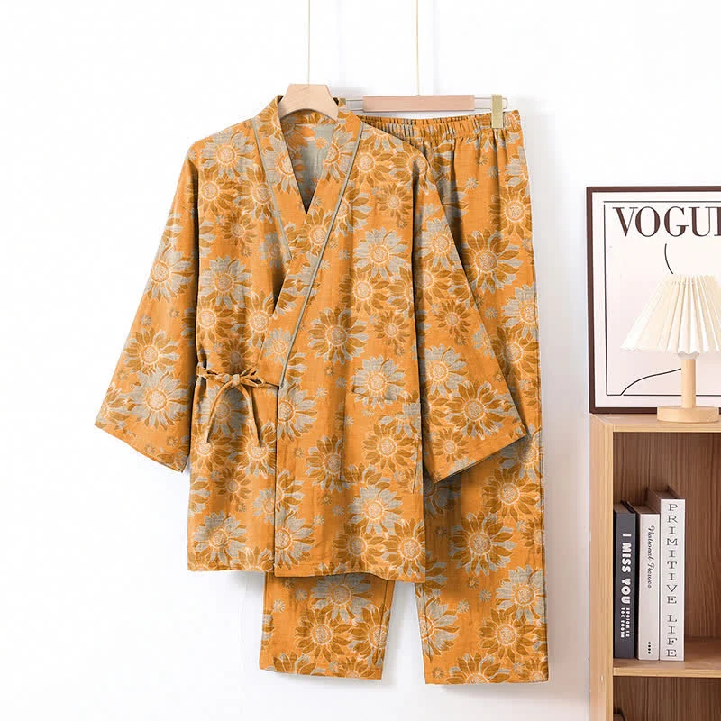 Retro-Sonnenblumen-Baumwollkimono-Pyjama-Set