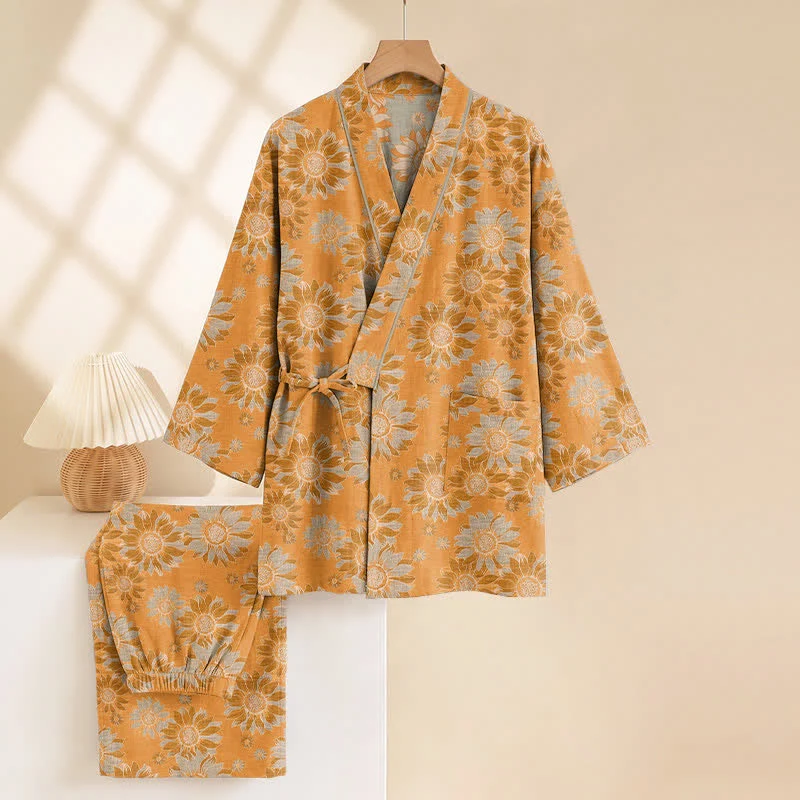 Retro-Sonnenblumen-Baumwollkimono-Pyjama-Set