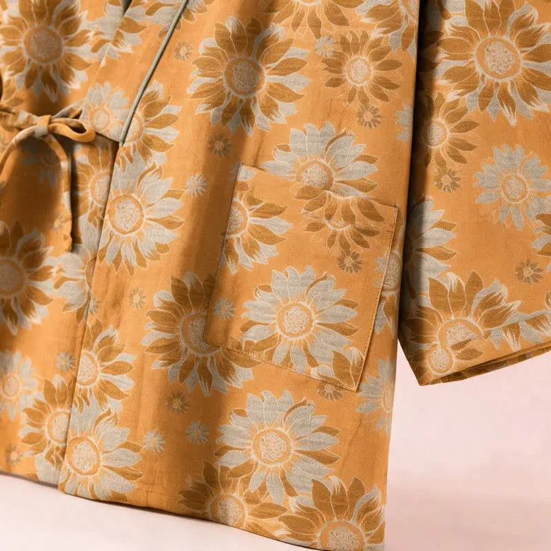 Retro-Sonnenblumen-Baumwollkimono-Pyjama-Set