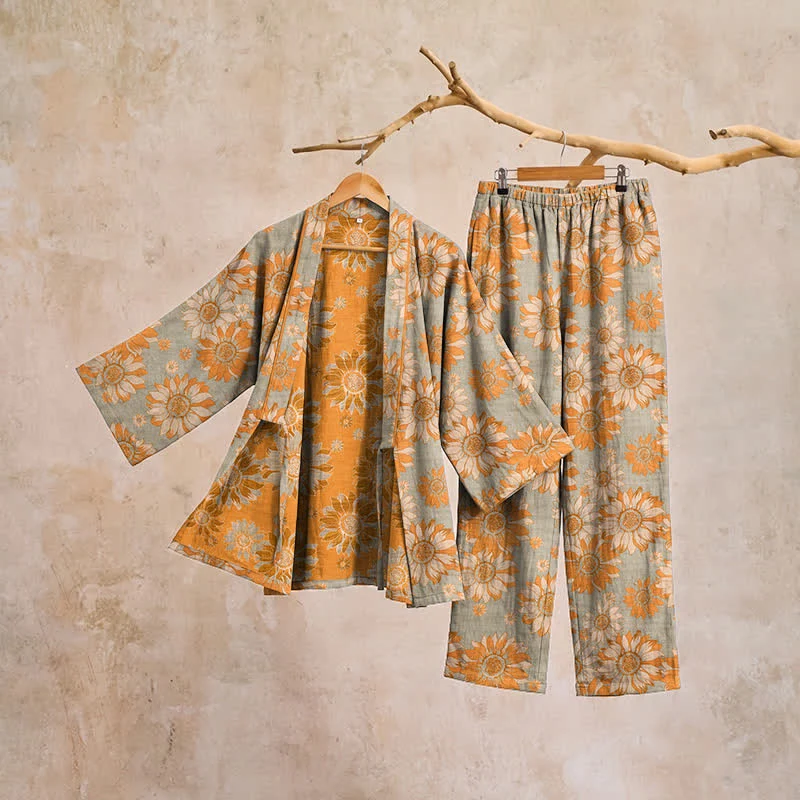 Retro-Sonnenblumen-Baumwollkimono-Pyjama-Set