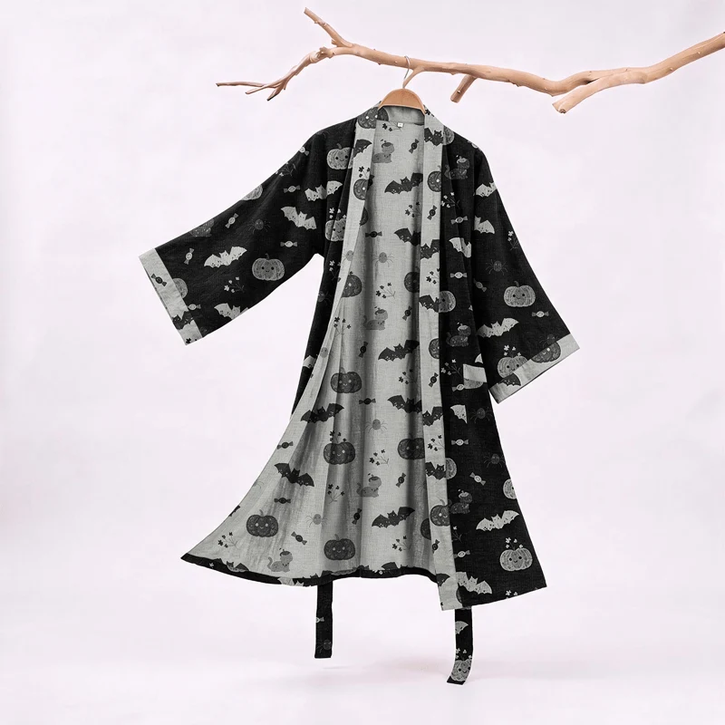 Halloween Kürbis Fledermaus Baumwollkimono-Bademantel