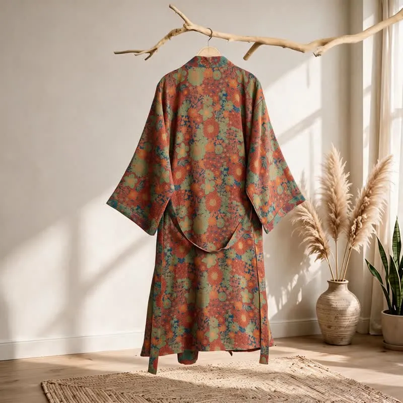 Vintage Kimono-Bademantel aus Baumwolle mit bunten Blumenmustern
