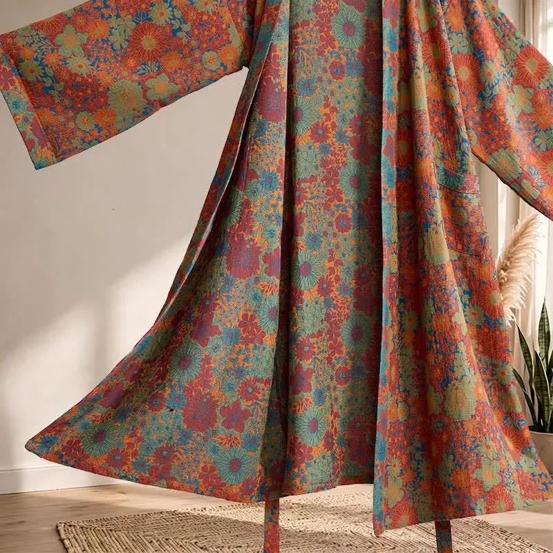 Vintage Kimono-Bademantel aus Baumwolle mit bunten Blumenmustern