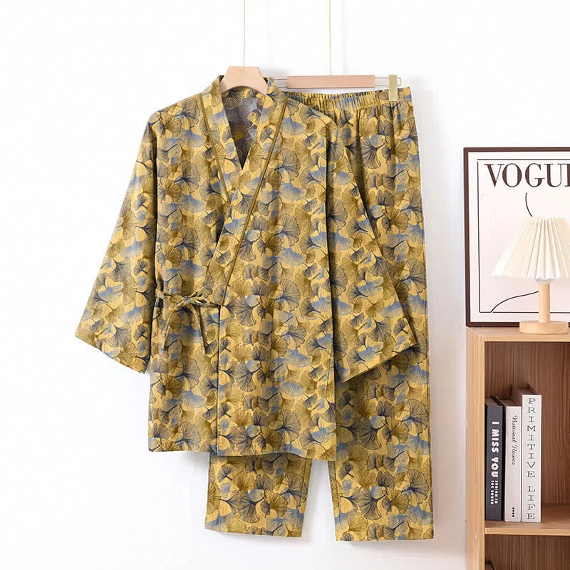 Vintage Kimono-Pyjama-Set aus Baumwolle mit Ginkgoblatt-Motiv