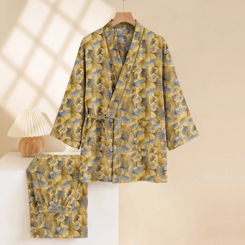 Vintage Kimono-Pyjama-Set aus Baumwolle mit Ginkgoblatt-Motiv