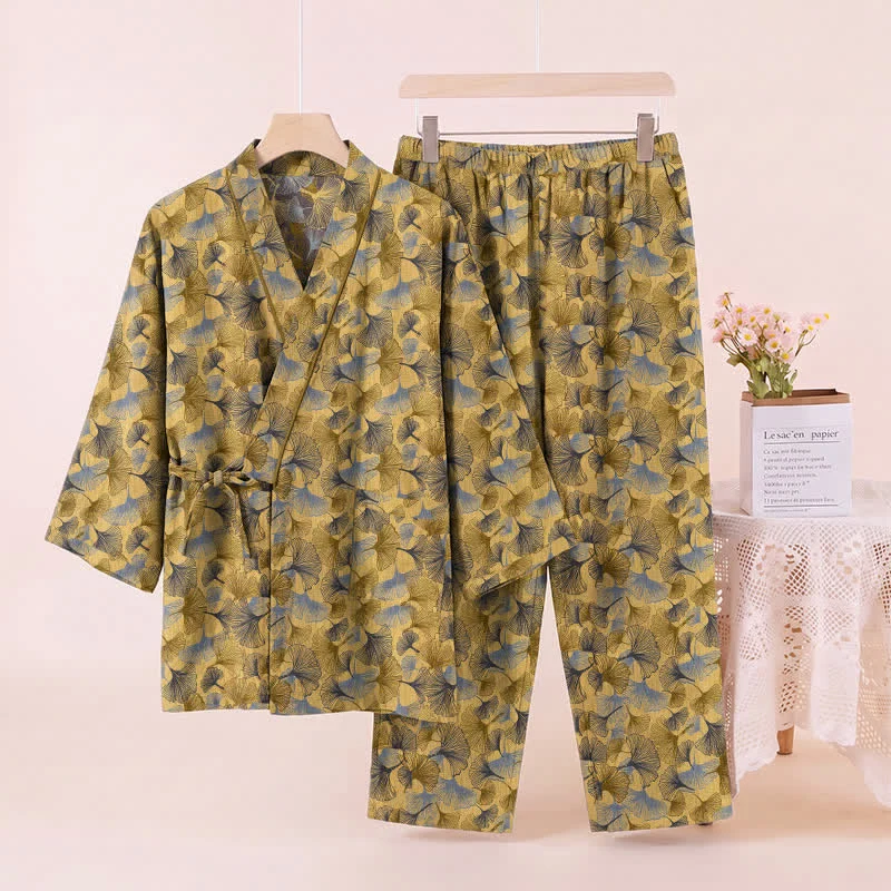 Vintage Kimono-Pyjama-Set aus Baumwolle mit Ginkgoblatt-Motiv