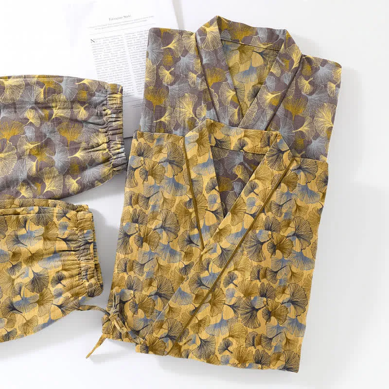 Vintage Kimono-Pyjama-Set aus Baumwolle mit Ginkgoblatt-Motiv