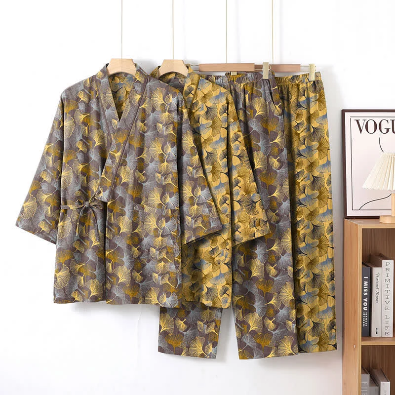 Vintage Kimono-Pyjama-Set aus Baumwolle mit Ginkgoblatt-Motiv