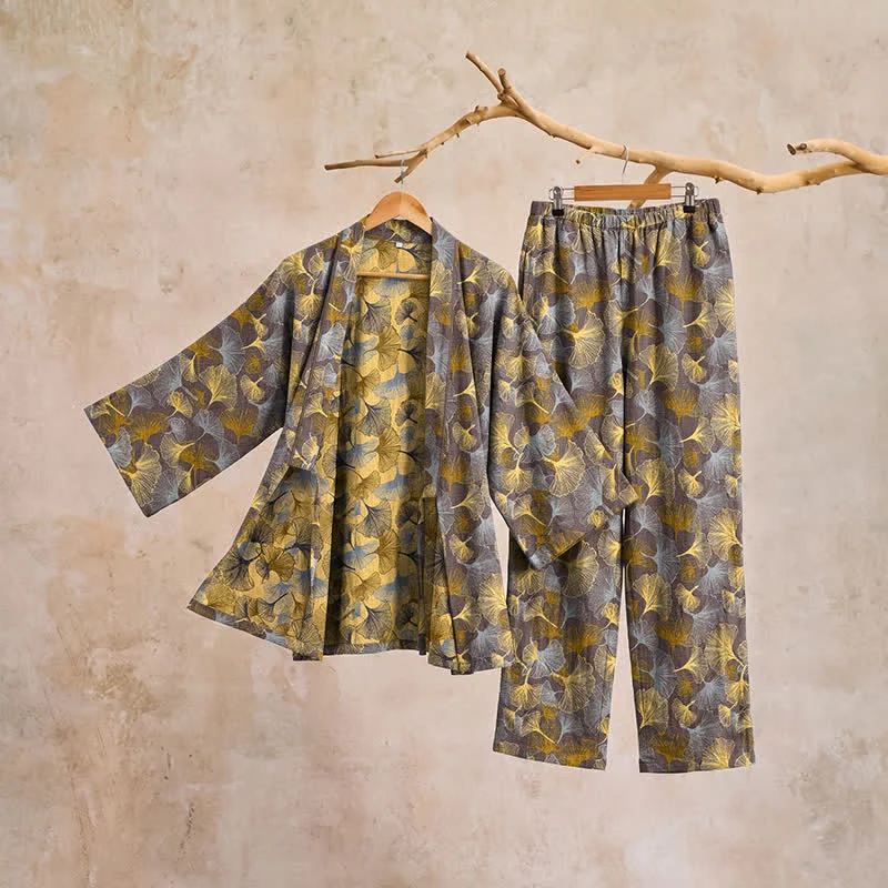 Vintage Kimono-Pyjama-Set aus Baumwolle mit Ginkgoblatt-Motiv