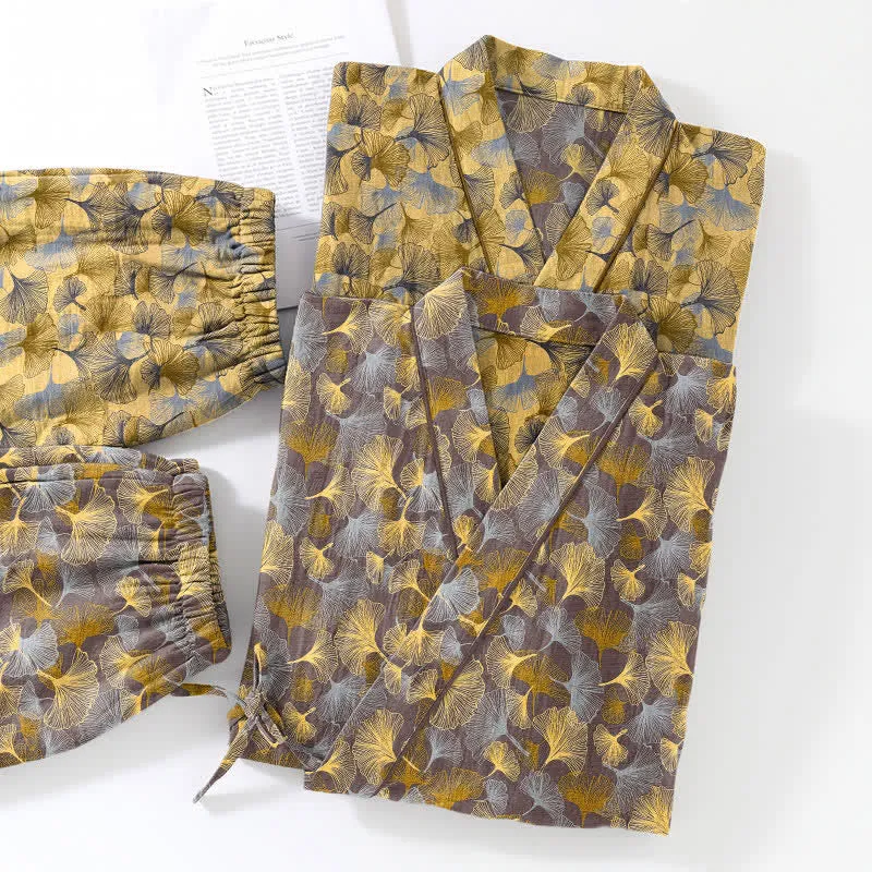 Vintage Kimono-Pyjama-Set aus Baumwolle mit Ginkgoblatt-Motiv
