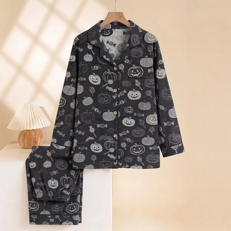 Schwarzes Halloween-Kürbis-Süßigkeiten-Baumwoll-Loungewear-Set