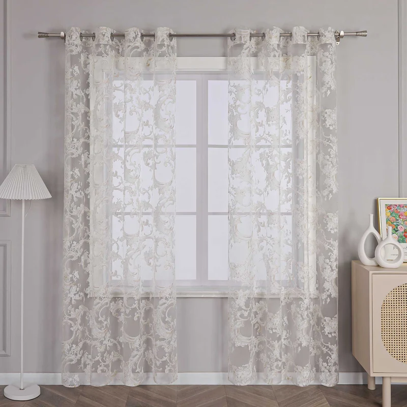 Elegante Gardine mit Phönixblütenmuster - Transparenter Voile Ösenschal