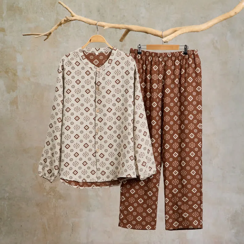 Retro-Pyjama-Set mit langen Ärmeln und geometrischem Muster