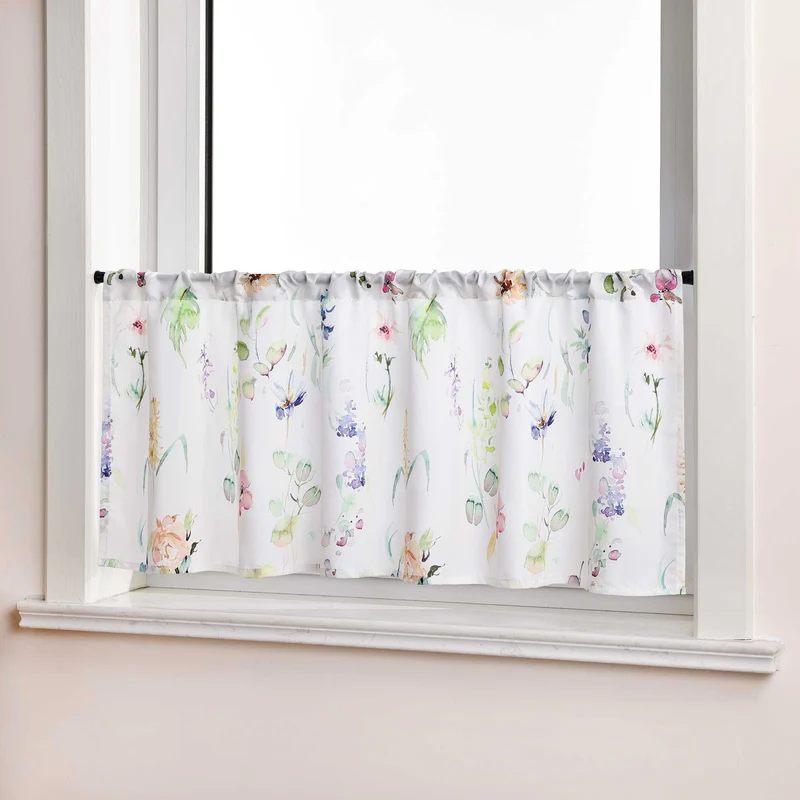 Scheibengardine Kurz mit buntem Blumenmuster durch Tunnelzug Halbtransparent