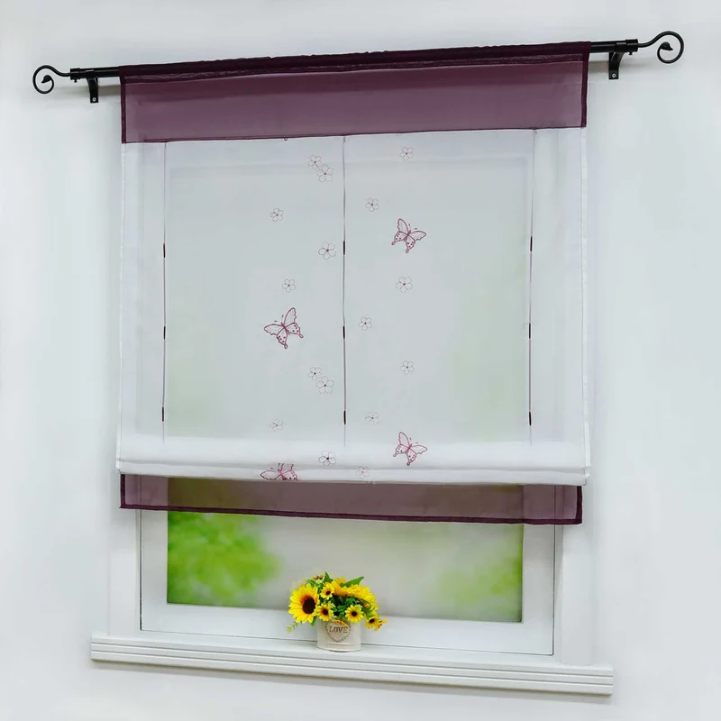 Rollo durch Tunnelzug Voile Küchengardinen modern Raffgardinen mit Stickerei Transparent 1 Stück