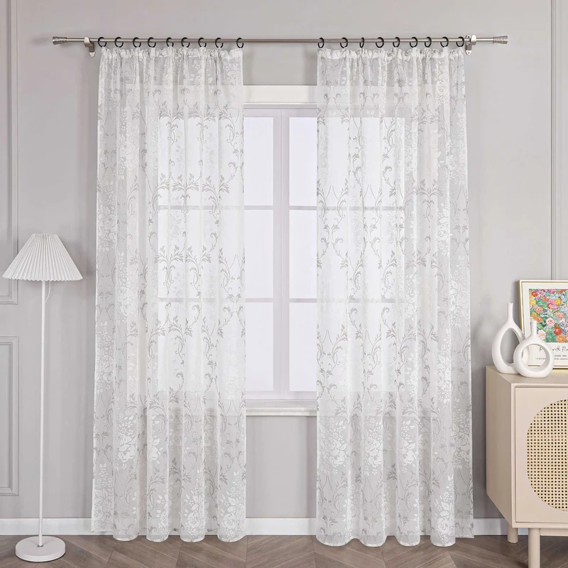 Gardine mit Blumenmuster, einfarbig leicht halbtransparent