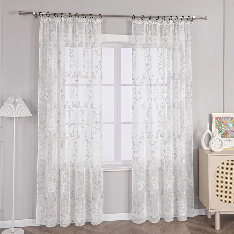 Gardine mit Blumenmuster, einfarbig leicht halbtransparent
