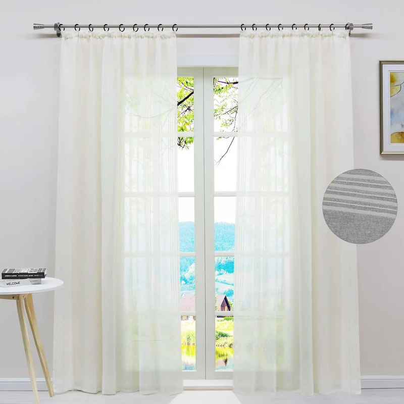 Gardine 2er Set Voile Gardinen mit Streifen Transparent 2 Stück