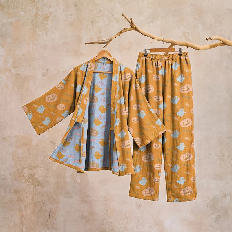 Halloween-Geister-Kürbis-Baumwollkimono-Pyjama-Set