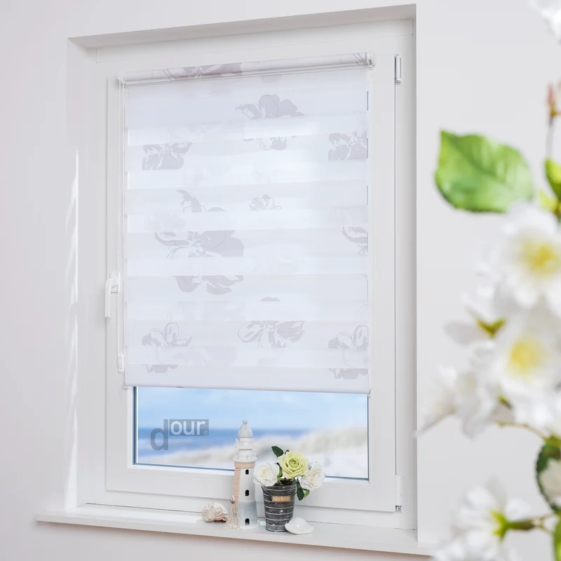 ourdeco® Doppel-Rollo Druckmotiv Blume oder Aster, Duo-Rollo, lichtdurchlässig, blickdicht, Montage ohne Bohren, verschiedene Größen