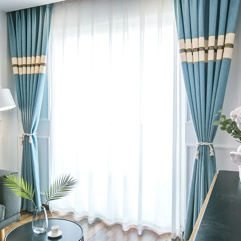 Leinenoptik Vorhang Blau mit Blockstreifen