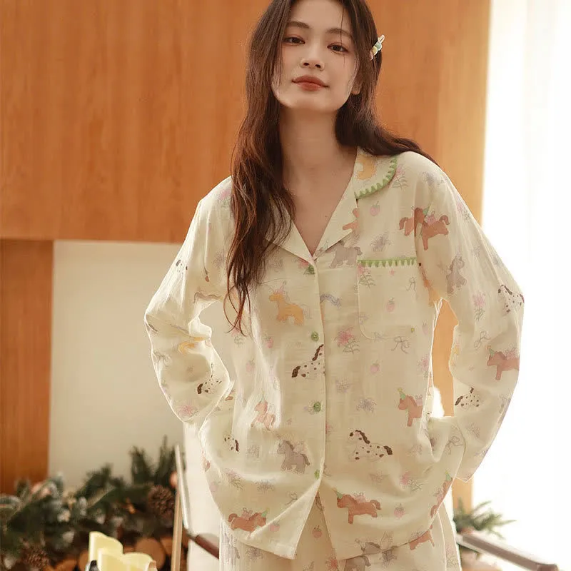 Pyjama aus gebürsteter Baumwolle mit Cartoon-Pony und Blumenmuster