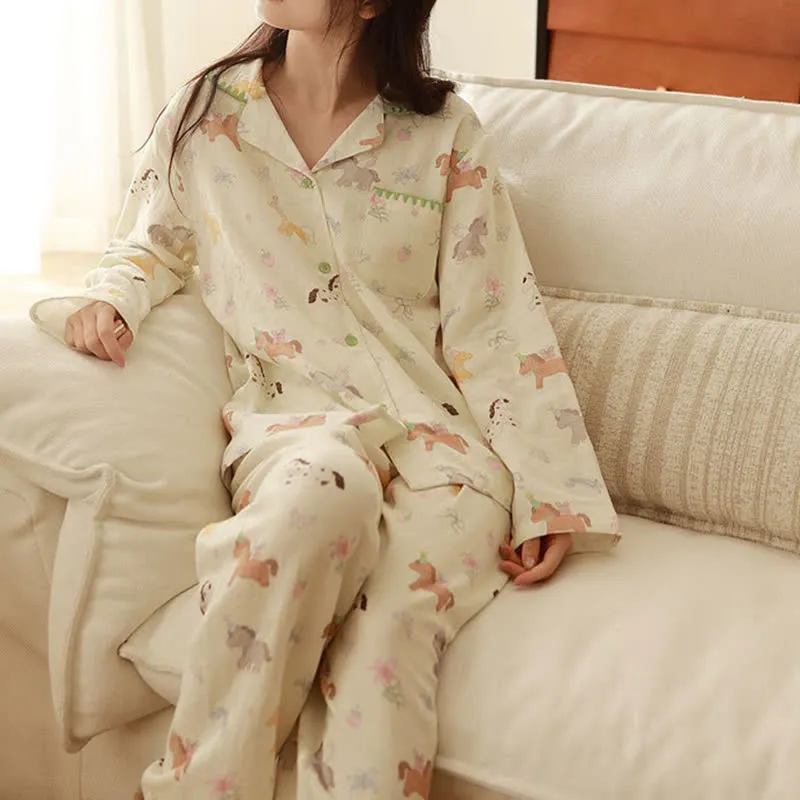Pyjama aus gebürsteter Baumwolle mit Cartoon-Pony und Blumenmuster