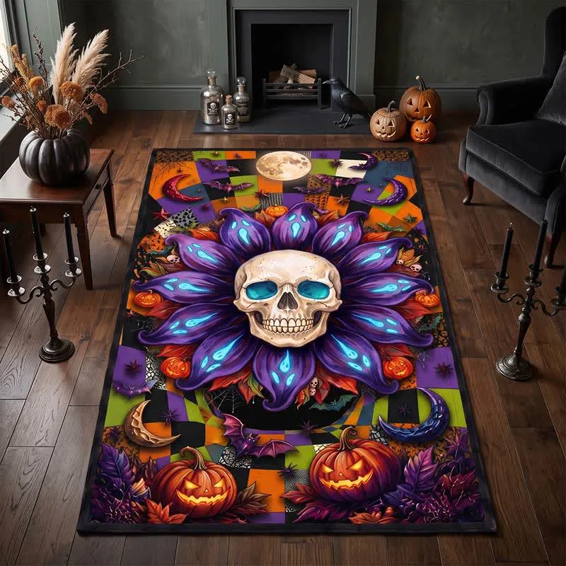 Halloween-Teppich mit gotischem Totenkopf-Mandala-Motiv, rutschfest