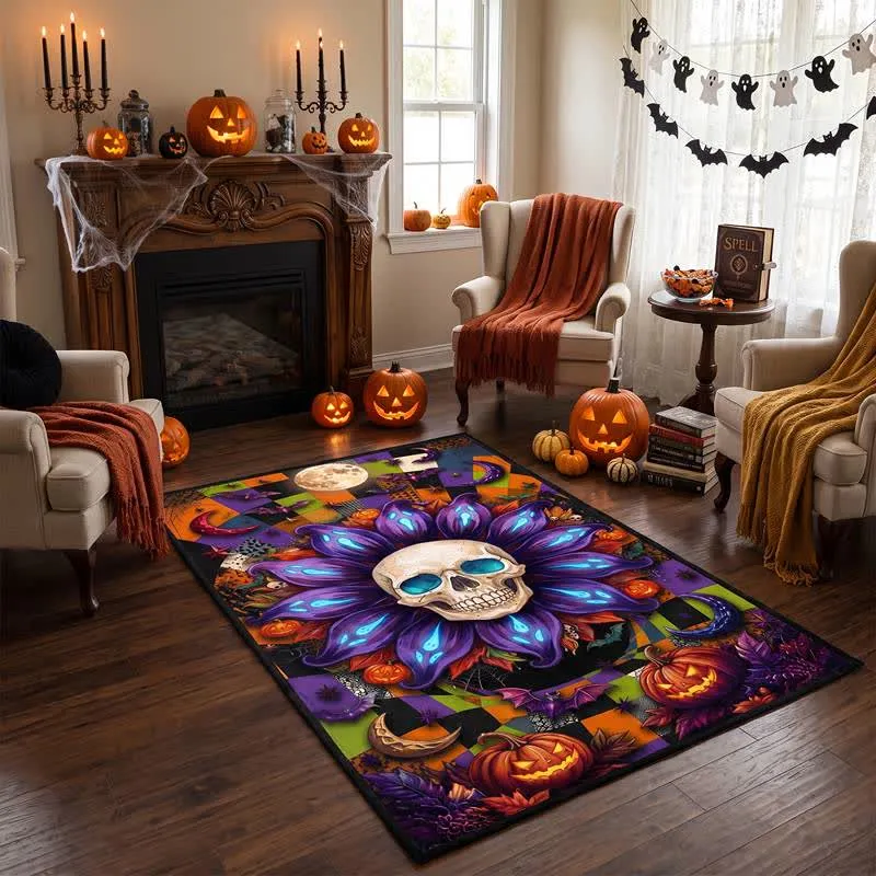 Halloween-Teppich mit gotischem Totenkopf-Mandala-Motiv, rutschfest