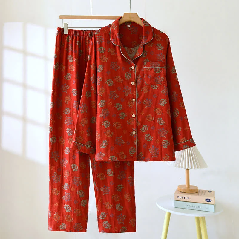 Garngefärbter Baumwollpyjama mit Rosenkragen