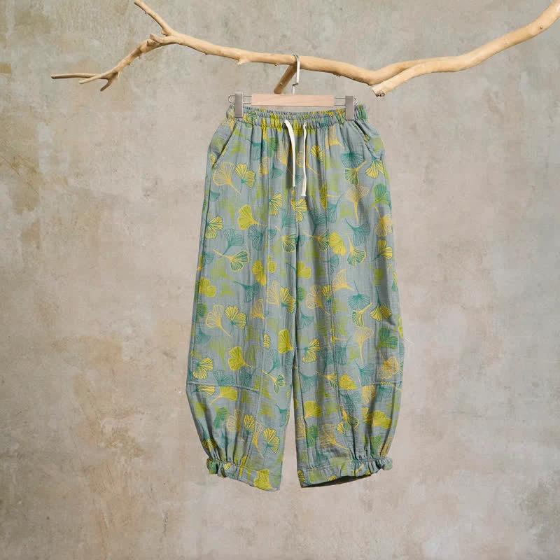 Baumwoll-Pyjamahose mit grünem Ginkgoblatt