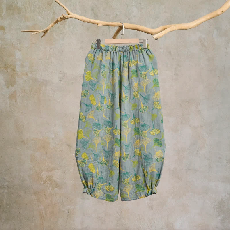 Baumwoll-Pyjamahose mit grünem Ginkgoblatt