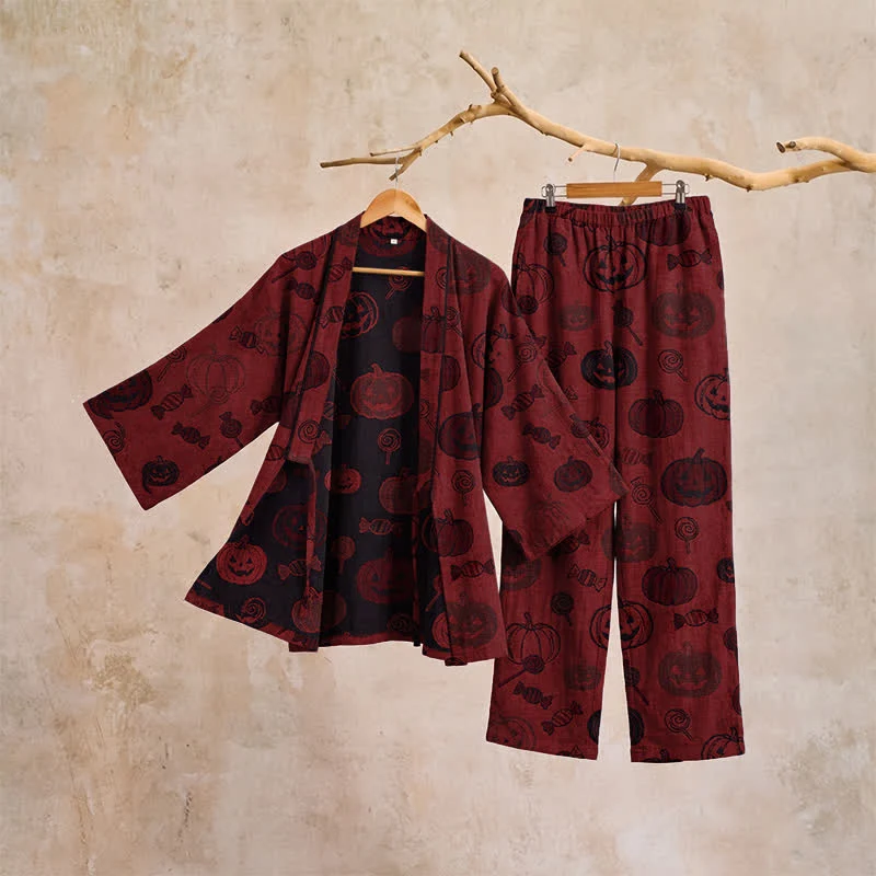 Halloween-Kürbis-Süßigkeiten-Baumwollkimono-Pyjama-Set