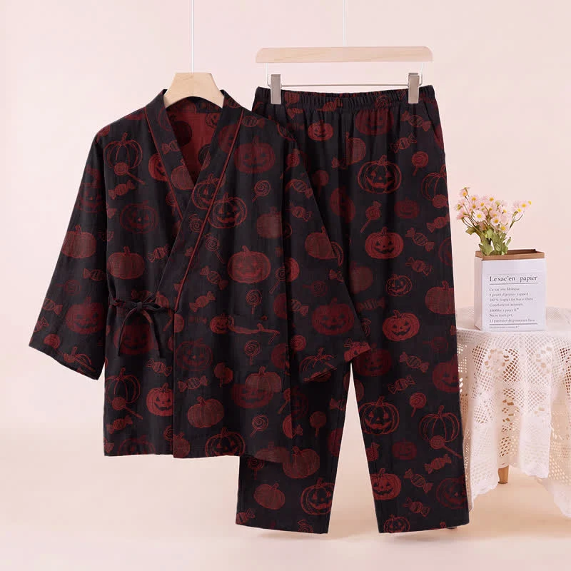 Halloween-Kürbis-Süßigkeiten-Baumwollkimono-Pyjama-Set