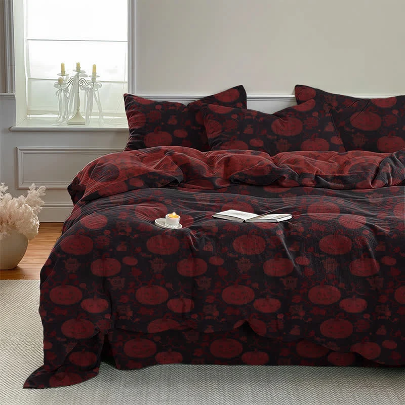 Halloween-Kürbis-Monster-Bettwäscheset aus Baumwolle, 4-teilig