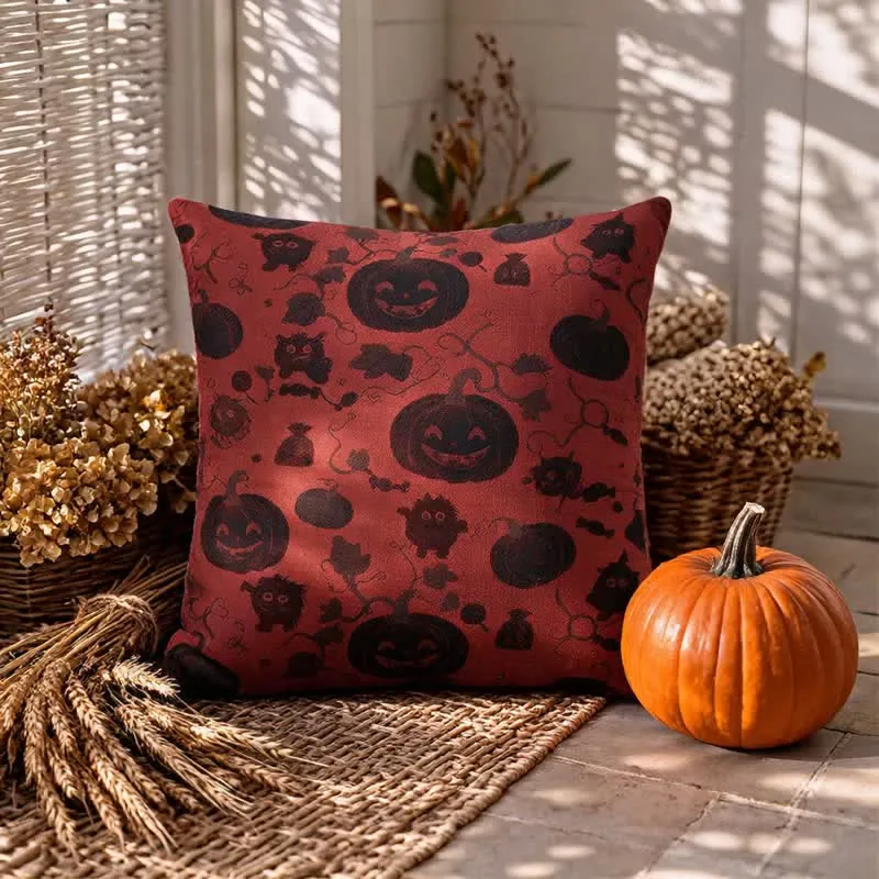 Mehrfarbiges Halloween-Kürbis- und Monster-Baumwollkissen