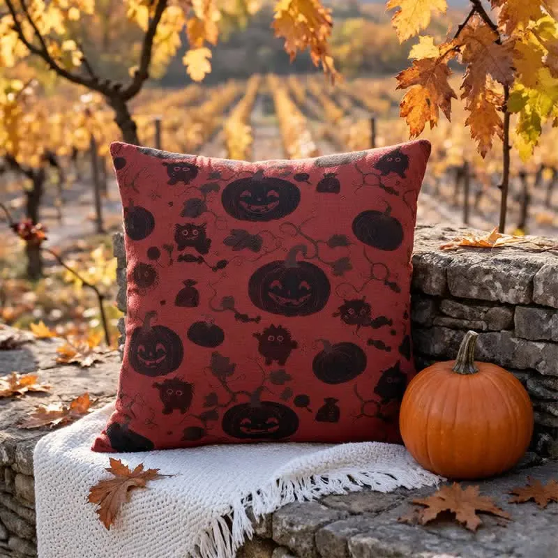 Mehrfarbiges Halloween-Kürbis- und Monster-Baumwollkissen