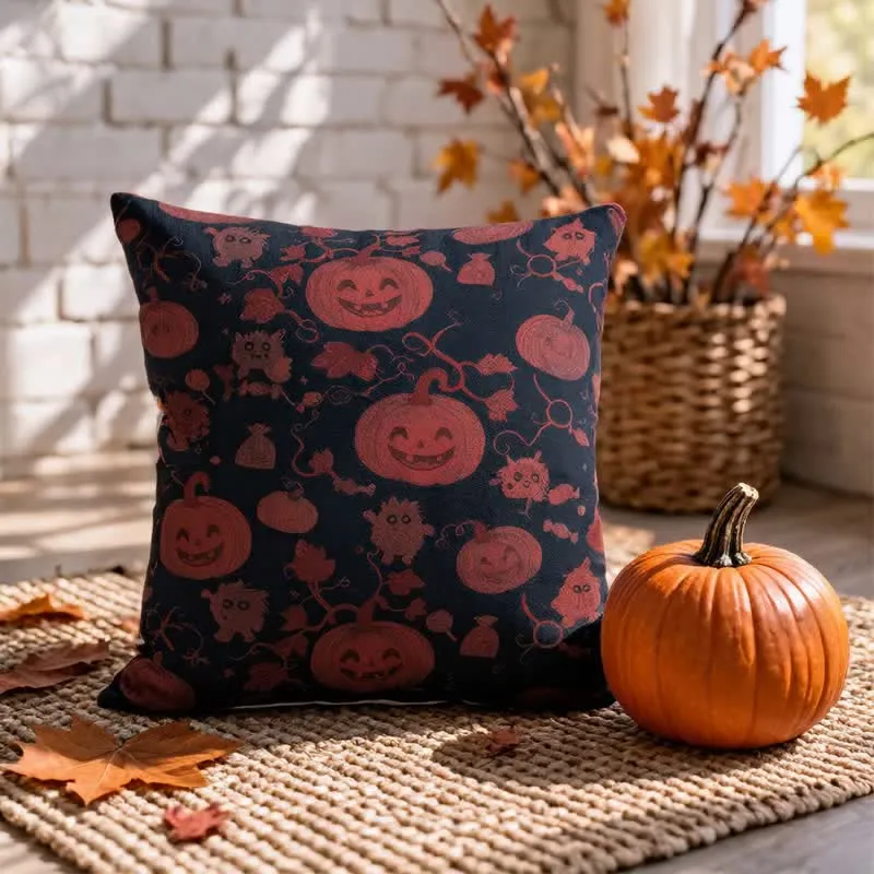 Mehrfarbiges Halloween-Kürbis- und Monster-Baumwollkissen