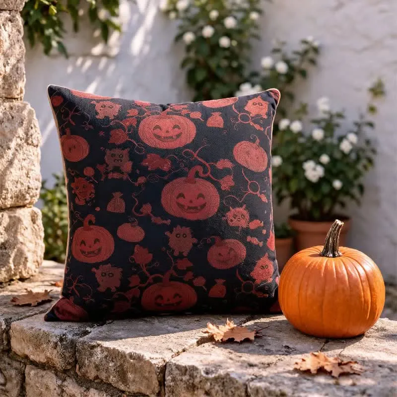 Mehrfarbiges Halloween-Kürbis- und Monster-Baumwollkissen