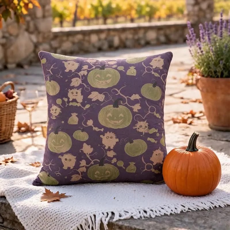 Mehrfarbiges Halloween-Kürbis- und Monster-Baumwollkissen