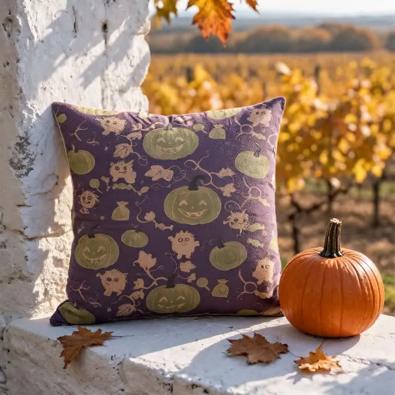 Mehrfarbiges Halloween-Kürbis- und Monster-Baumwollkissen