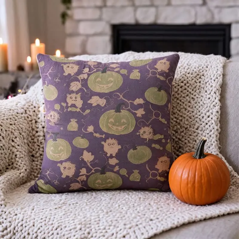 Mehrfarbiges Halloween-Kürbis- und Monster-Baumwollkissen