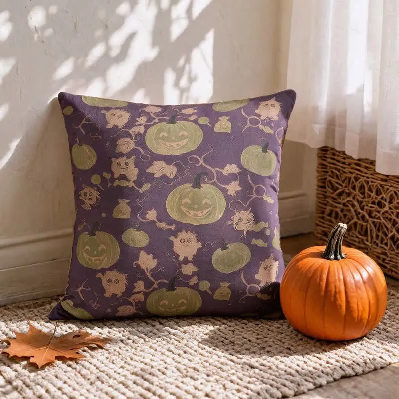 Mehrfarbiges Halloween-Kürbis- und Monster-Baumwollkissen