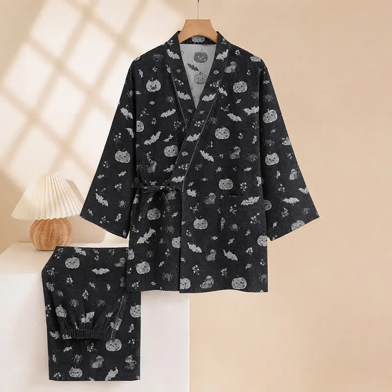 Halloween-Fledermaus-Kürbis-Baumwollkimono-Pyjama-Set